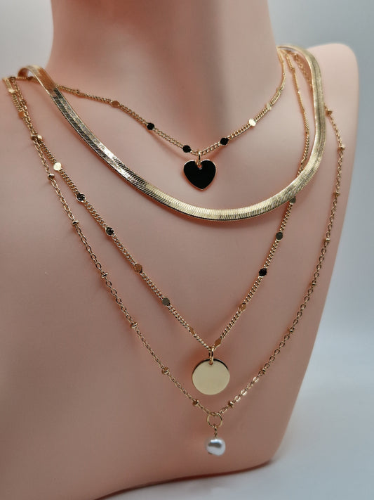 Collier "Élégance Dorée" - Multi-rangs avec pendentifs cœur, médaille et perle
