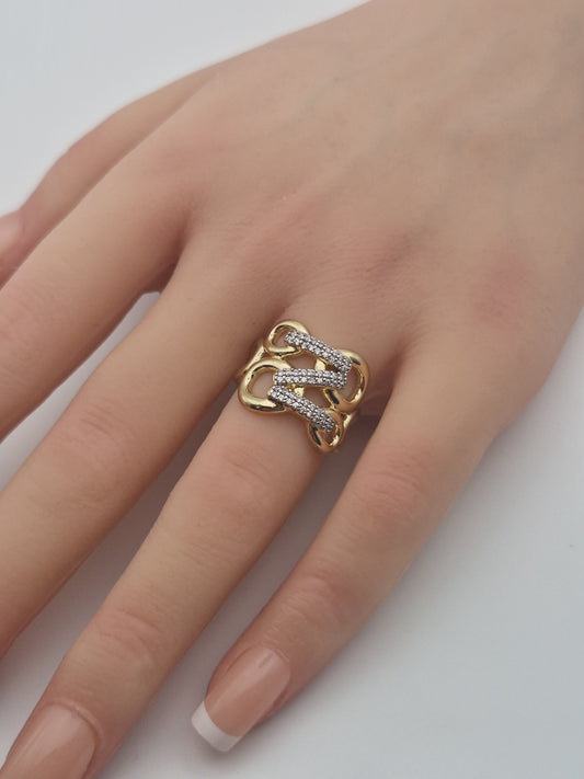 Bague Harmonie Dorée – Maillons Pavés & Élégance Sculptée