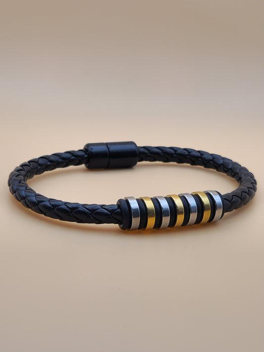 Bracelet "Équilibre" en cuir tressé et acier inoxydable